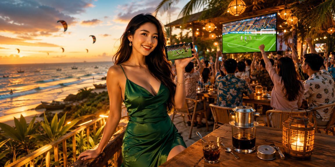 Người dùng Mũi Né đọc phân tích kèo bóng đá tại quán cà phê ven biển